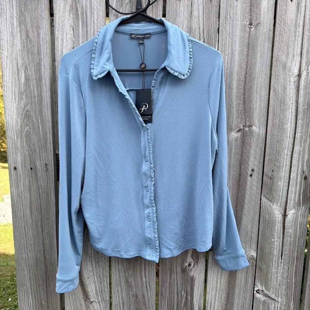 Coquette Romantic Adrianna Papell Knit Shirt Large Stone Blue Ruffle Edge Button